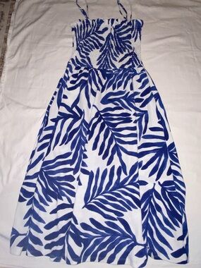 H&M Blue and White Smocked Tropical Dress